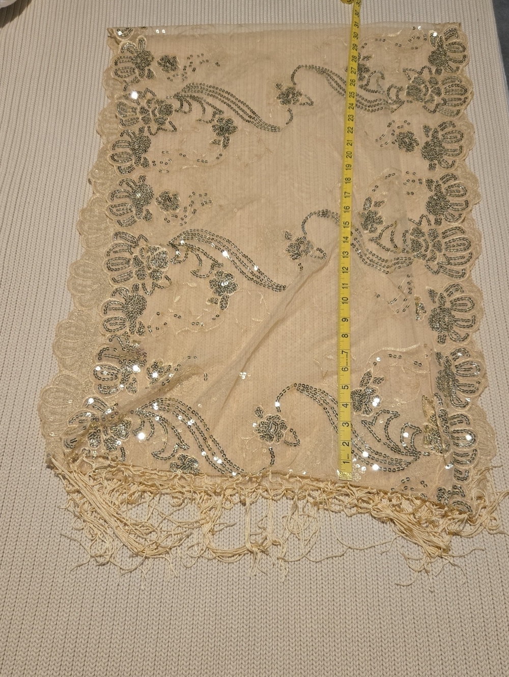 Gold Sequin Floral Scarf Shawl with Fringe